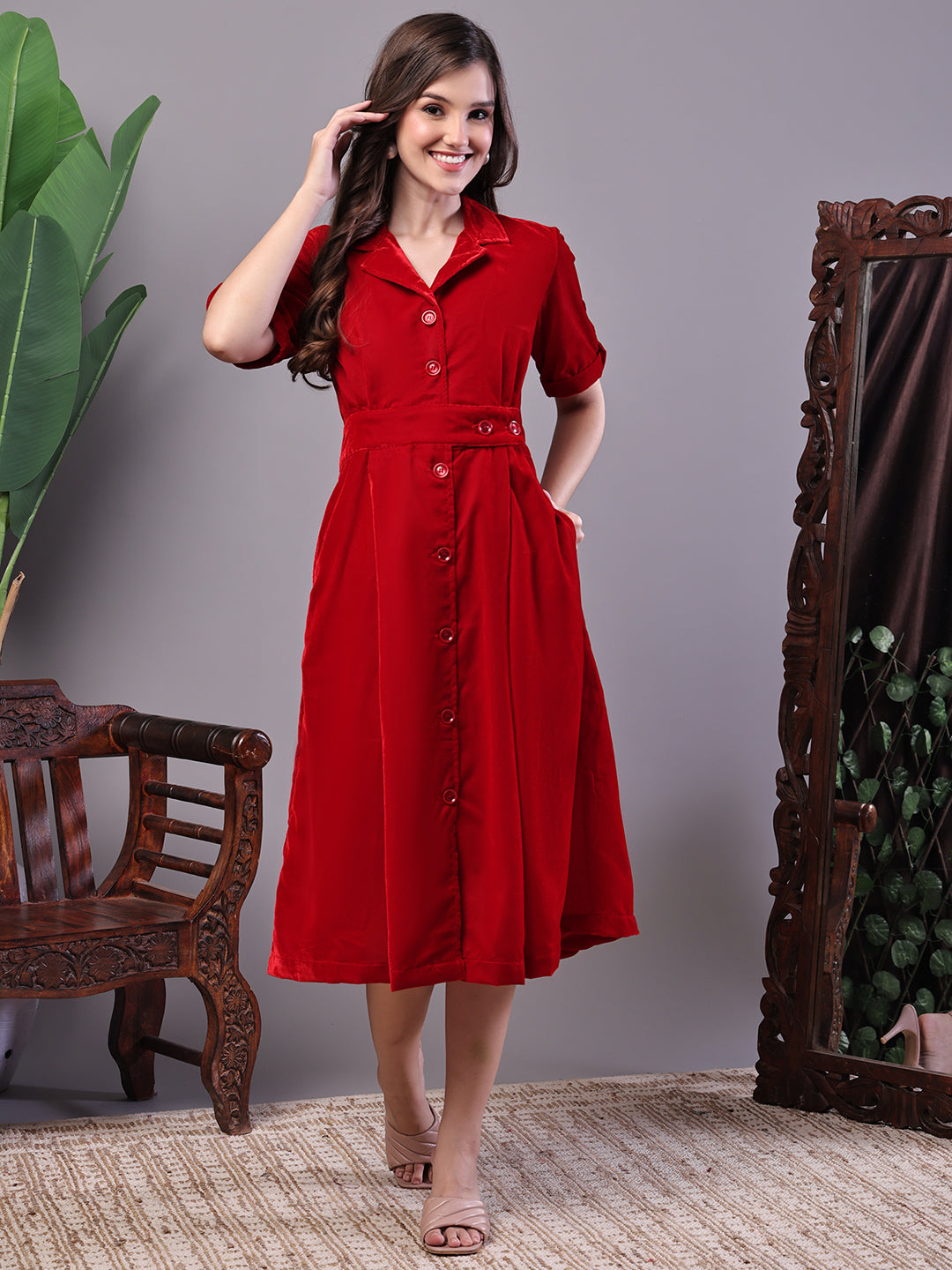 Crimson Red Shirt Dress Style