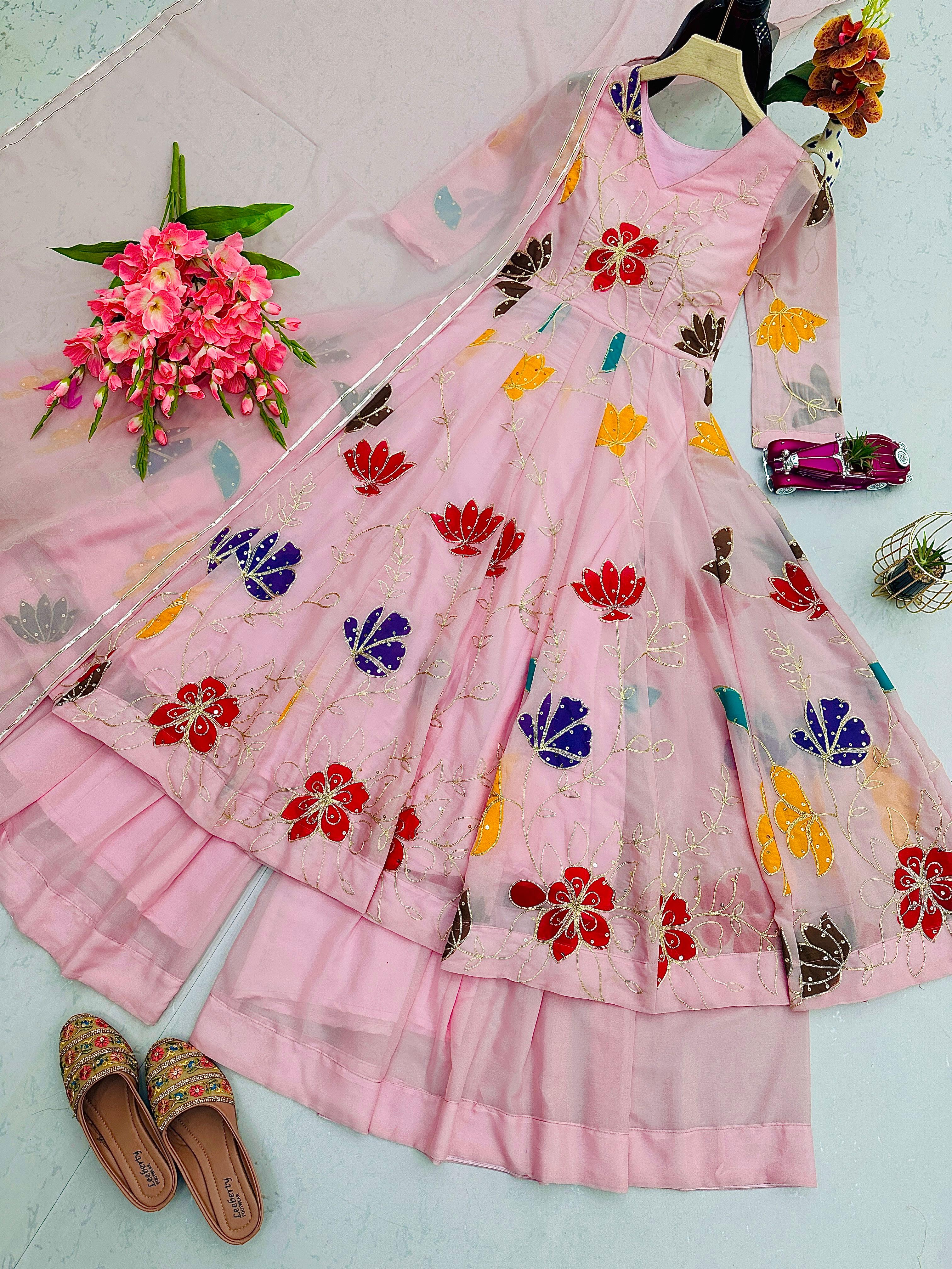 Floral Pastel Pink Party Wear Anarkali Suit – Yaari Collection