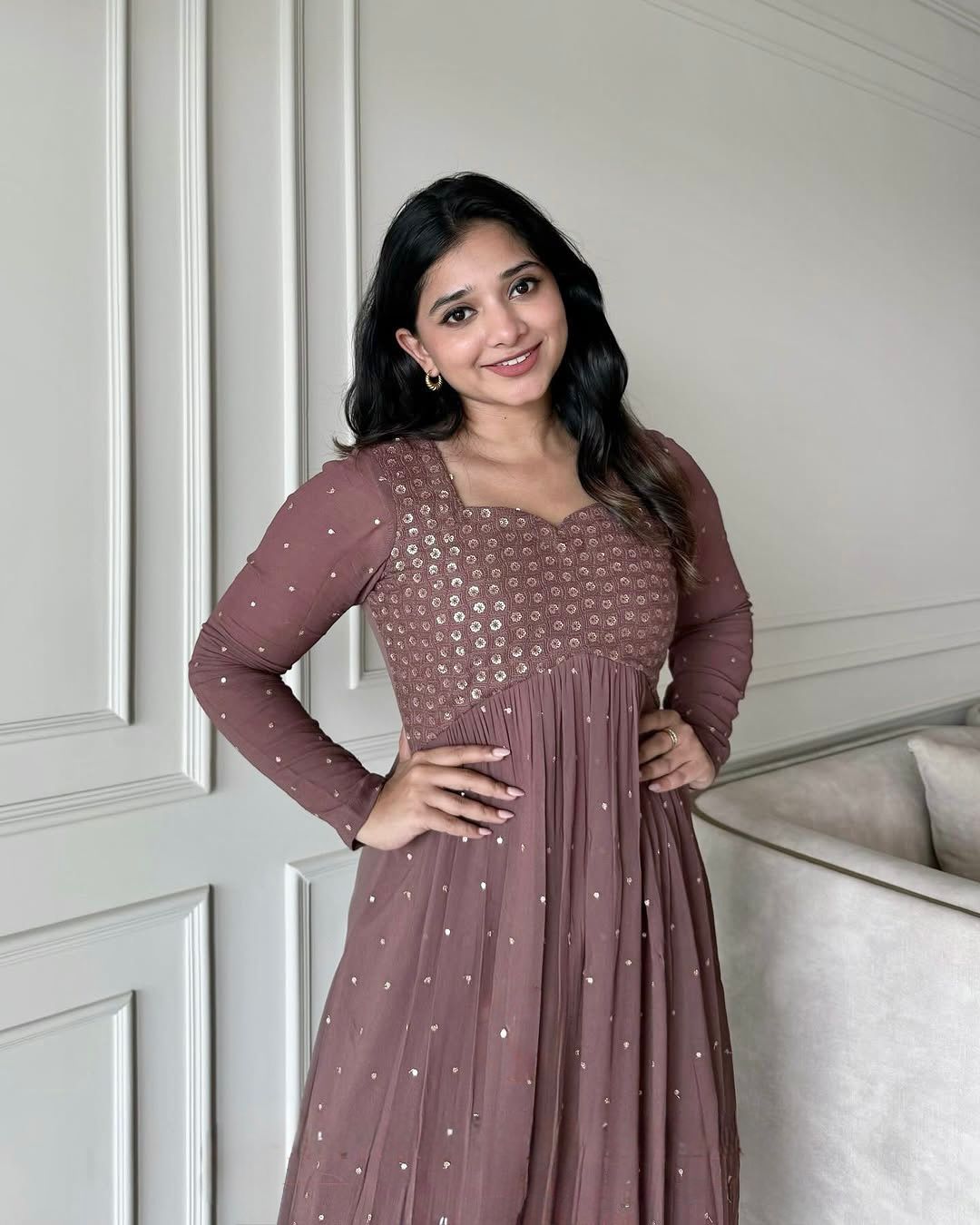 YAARI COLLECTION Luxury Brawn Satin Party Wear Gown