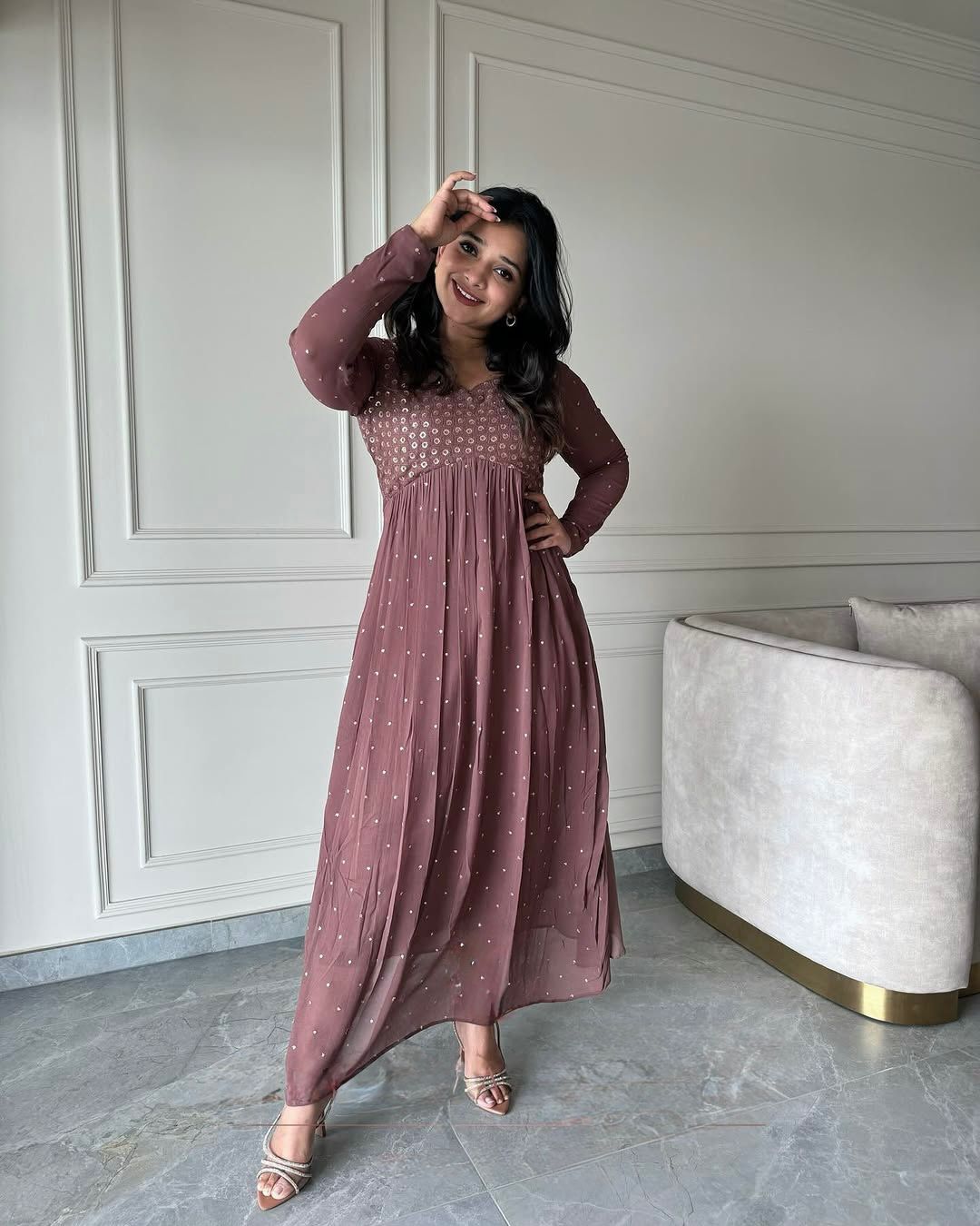 YAARI COLLECTION Luxury Brawn Satin Party Wear Gown