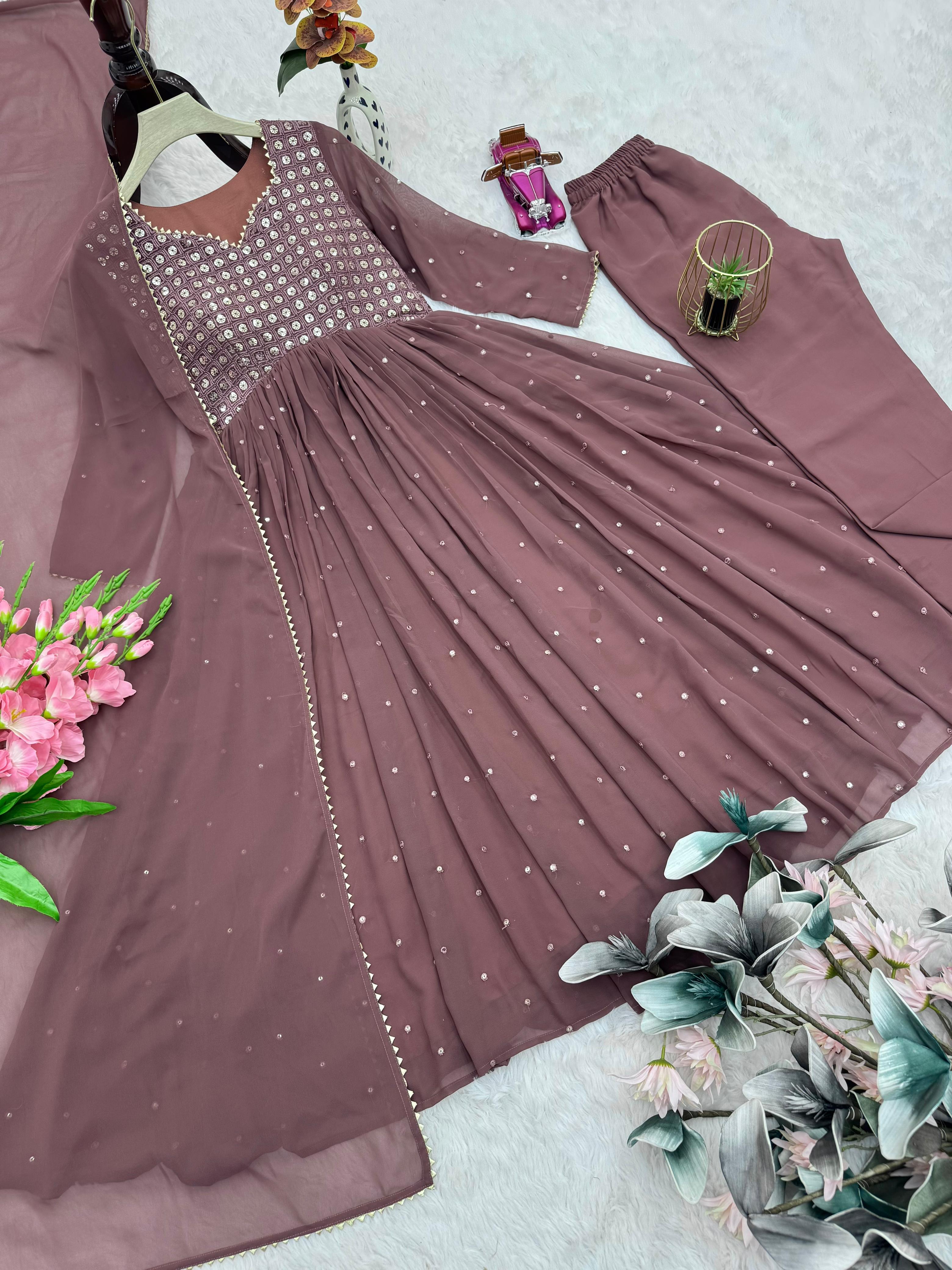 YAARI COLLECTION Luxury Brawn Satin Party Wear Gown