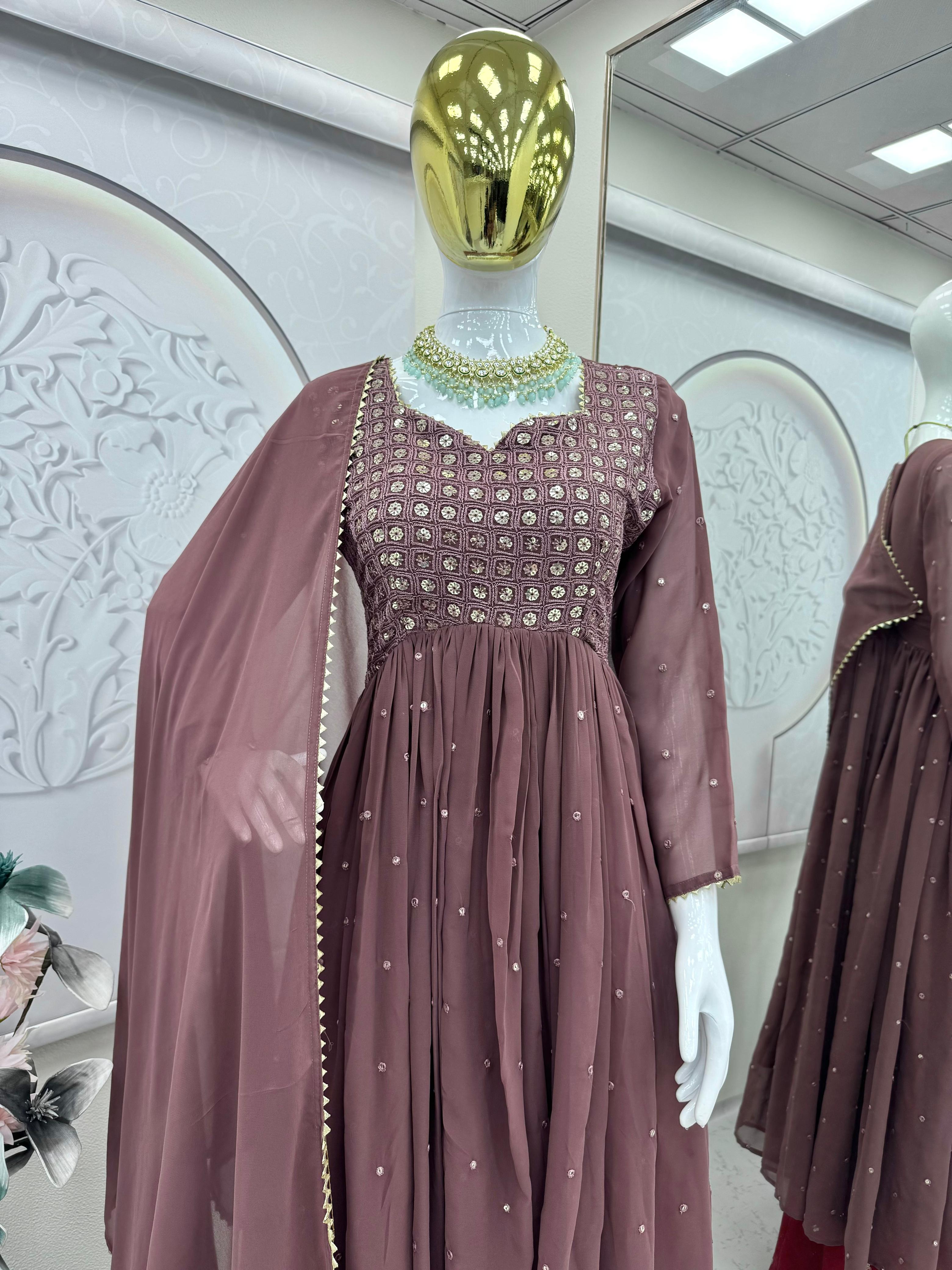 YAARI COLLECTION Luxury Brawn Satin Party Wear Gown