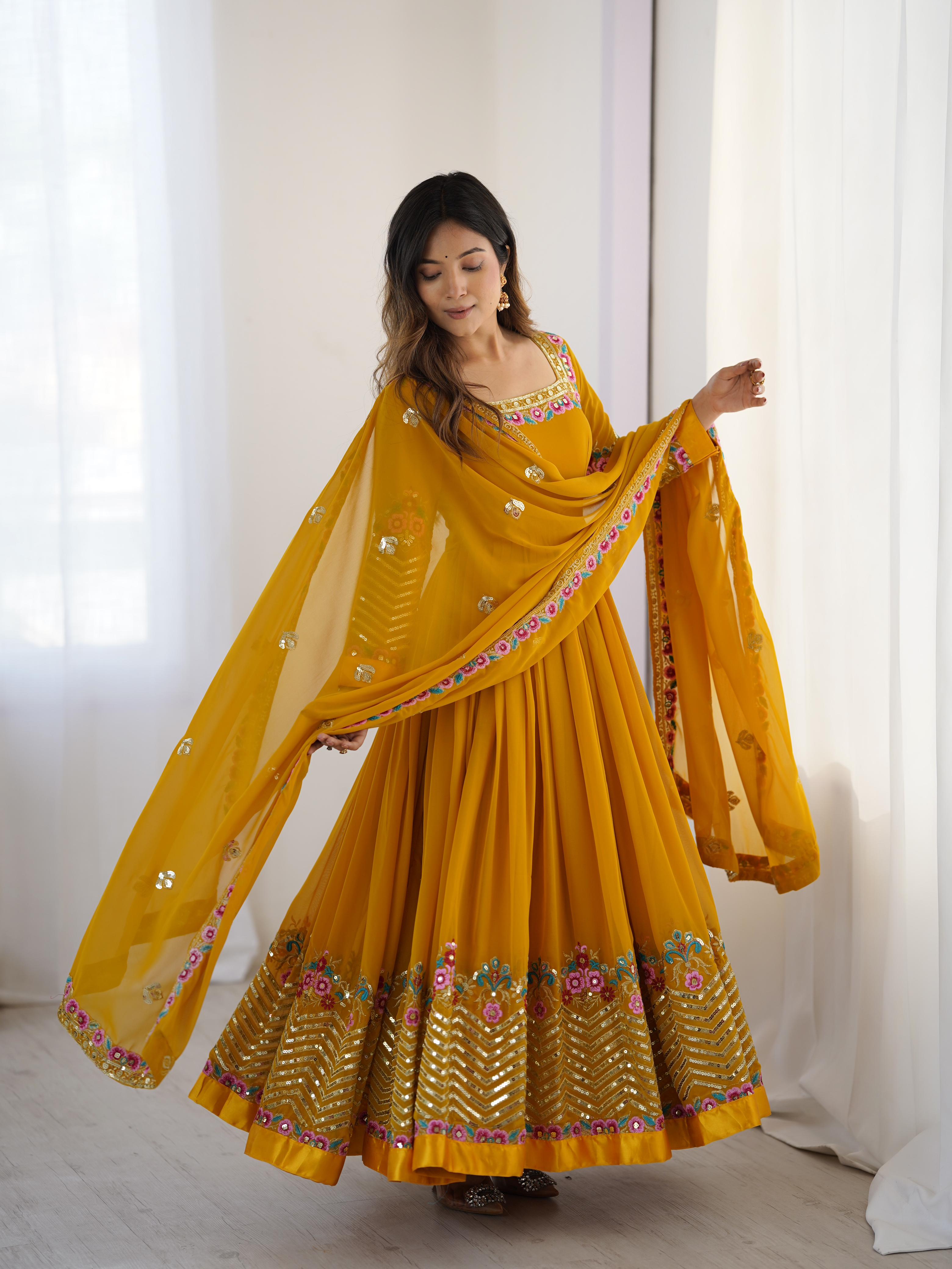 Mustard Bliss Yellow Georgette Designer Gown – Yaari Collection