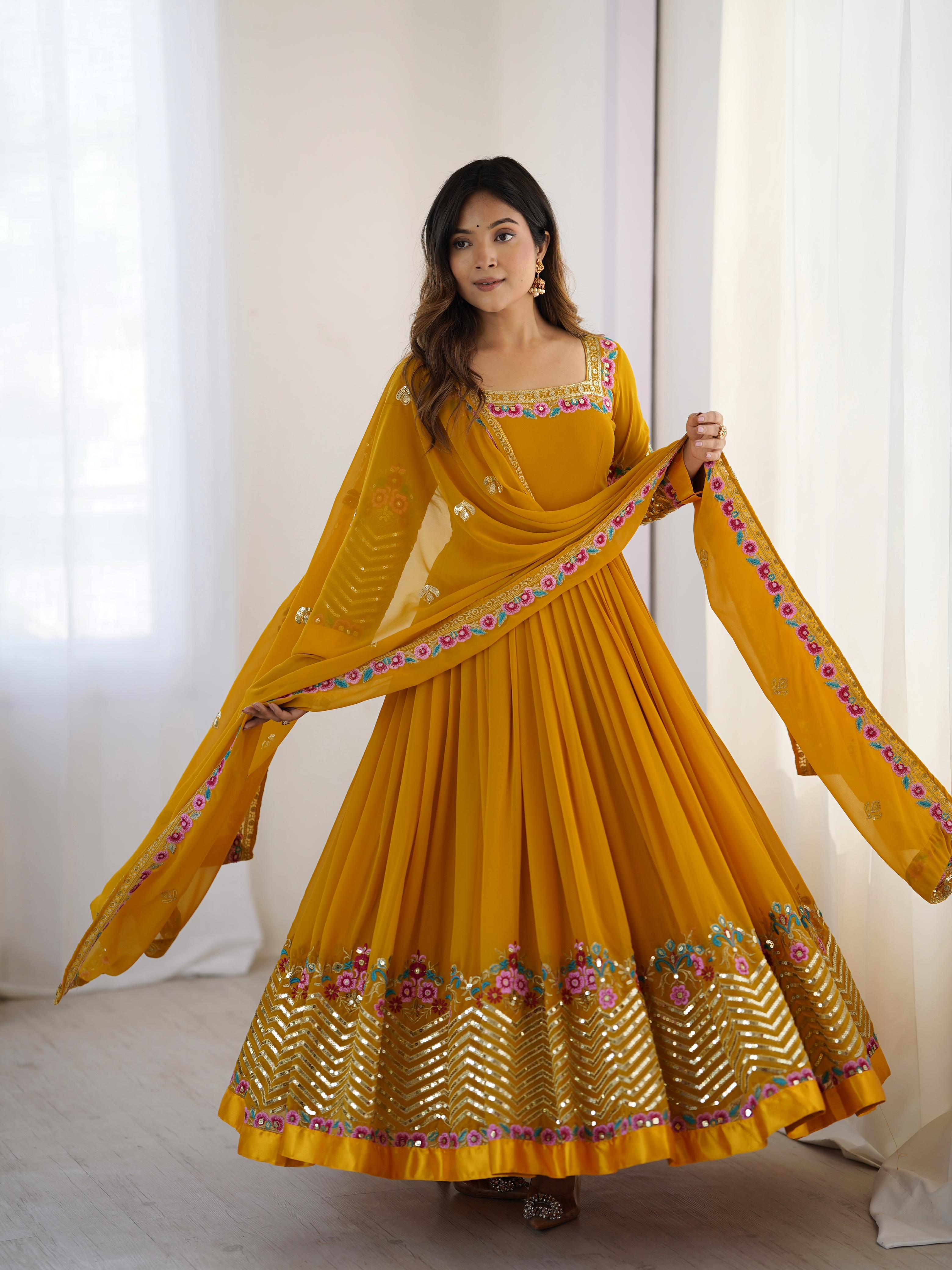 Mustard Bliss Yellow Georgette Designer Gown – Yaari Collection