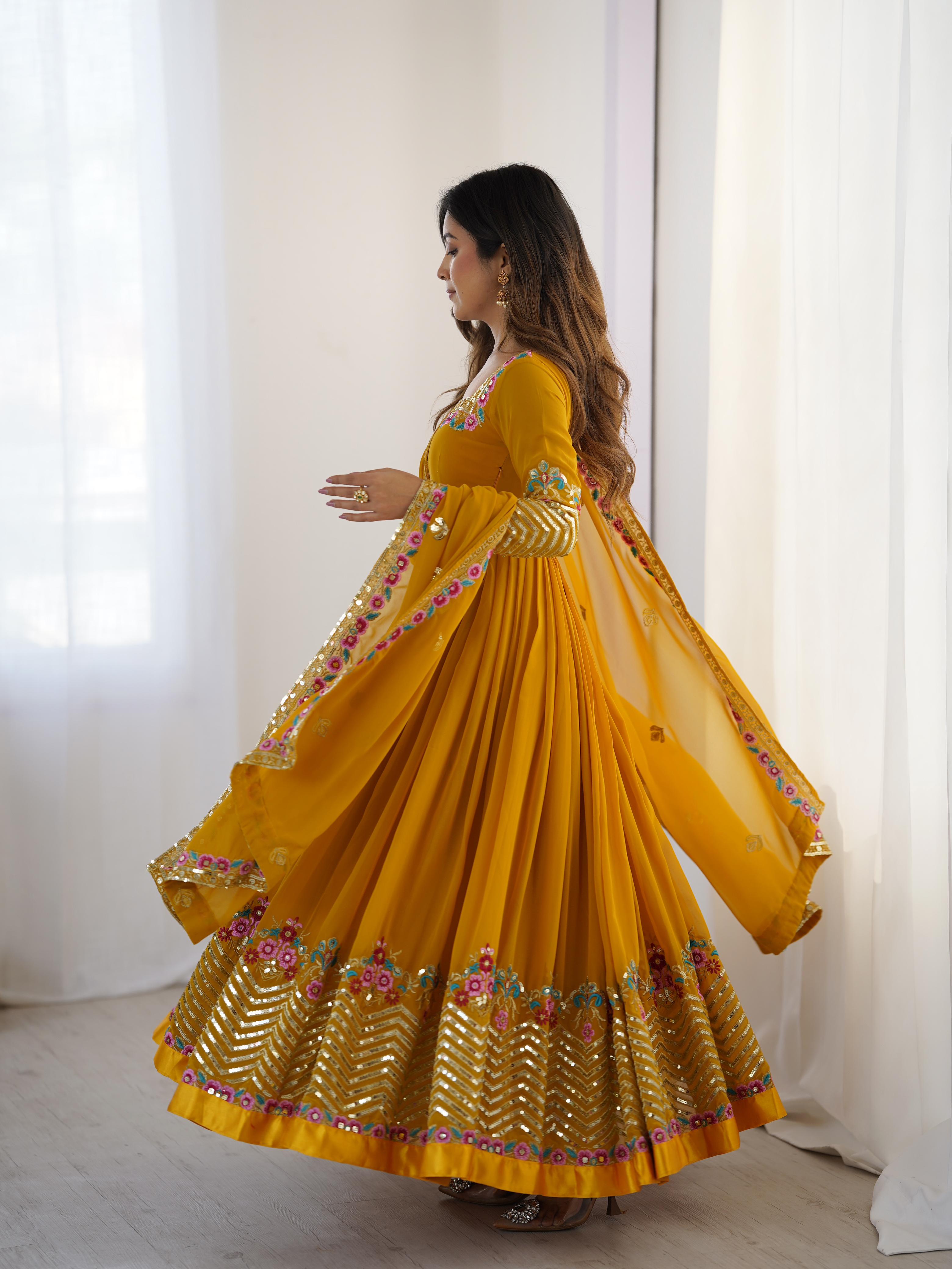 Mustard Bliss Yellow Georgette Designer Gown – Yaari Collection