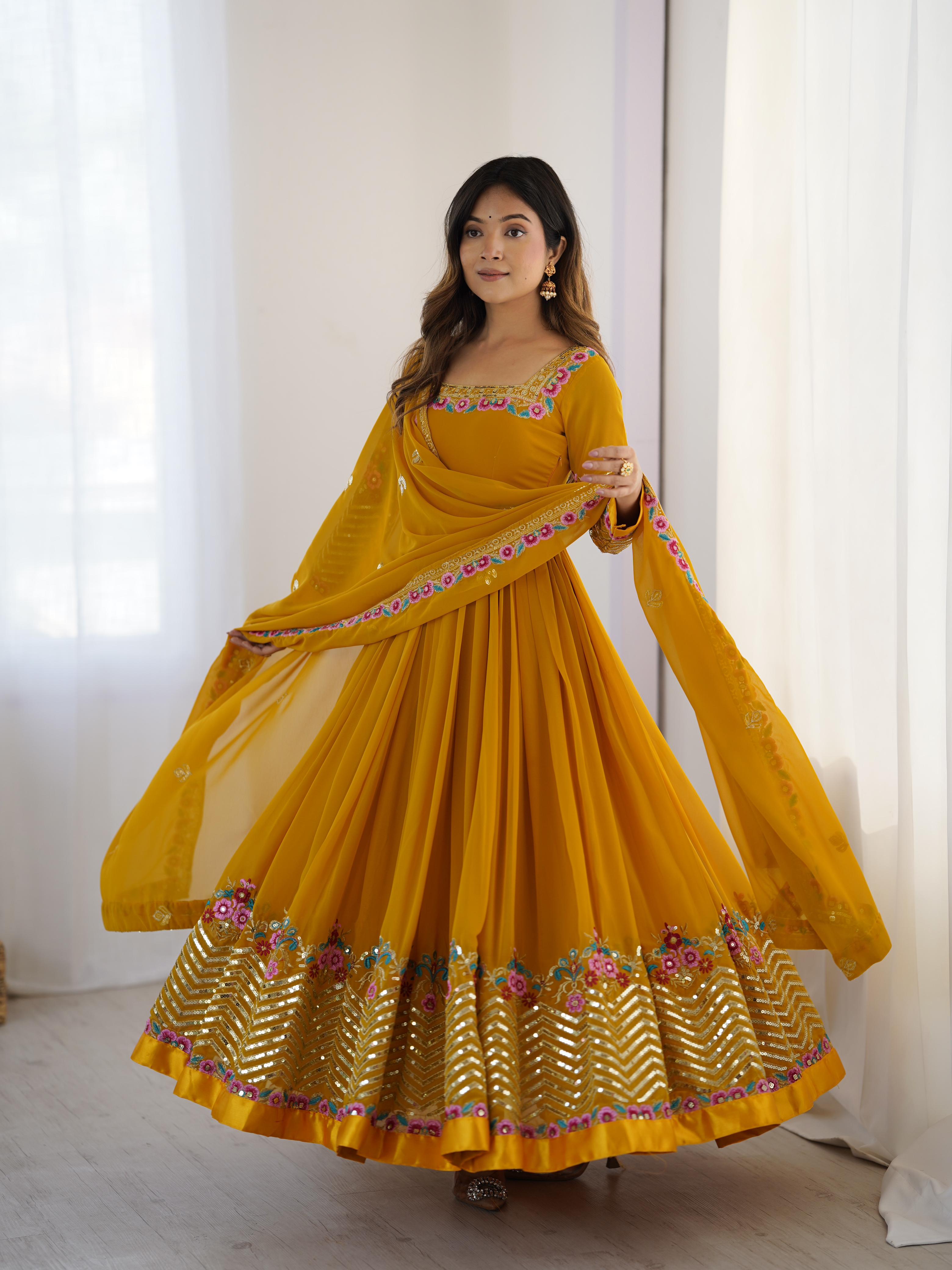 Mustard Bliss Yellow Georgette Designer Gown – Yaari Collection