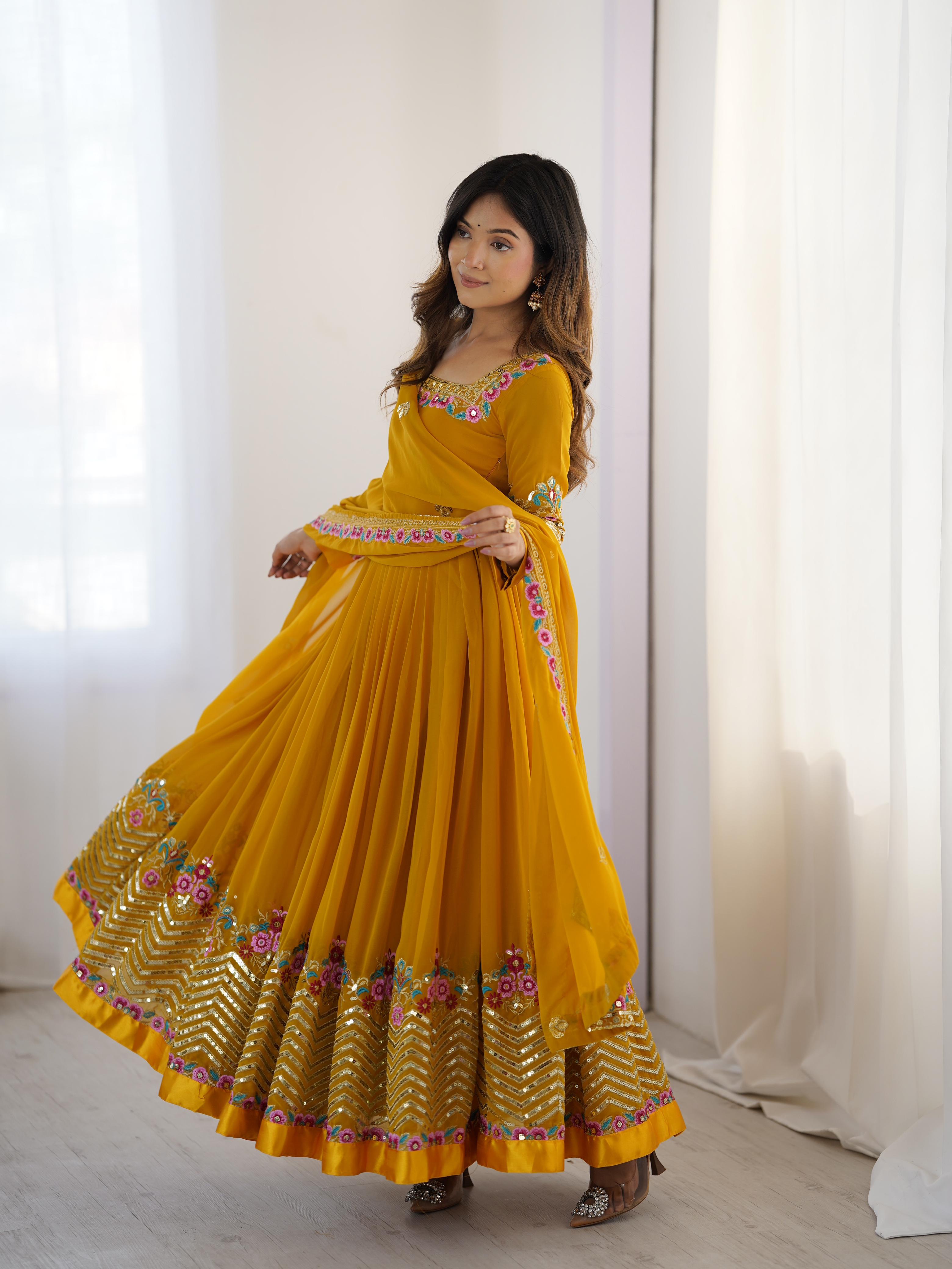 Mustard Bliss Yellow Georgette Designer Gown – Yaari Collection