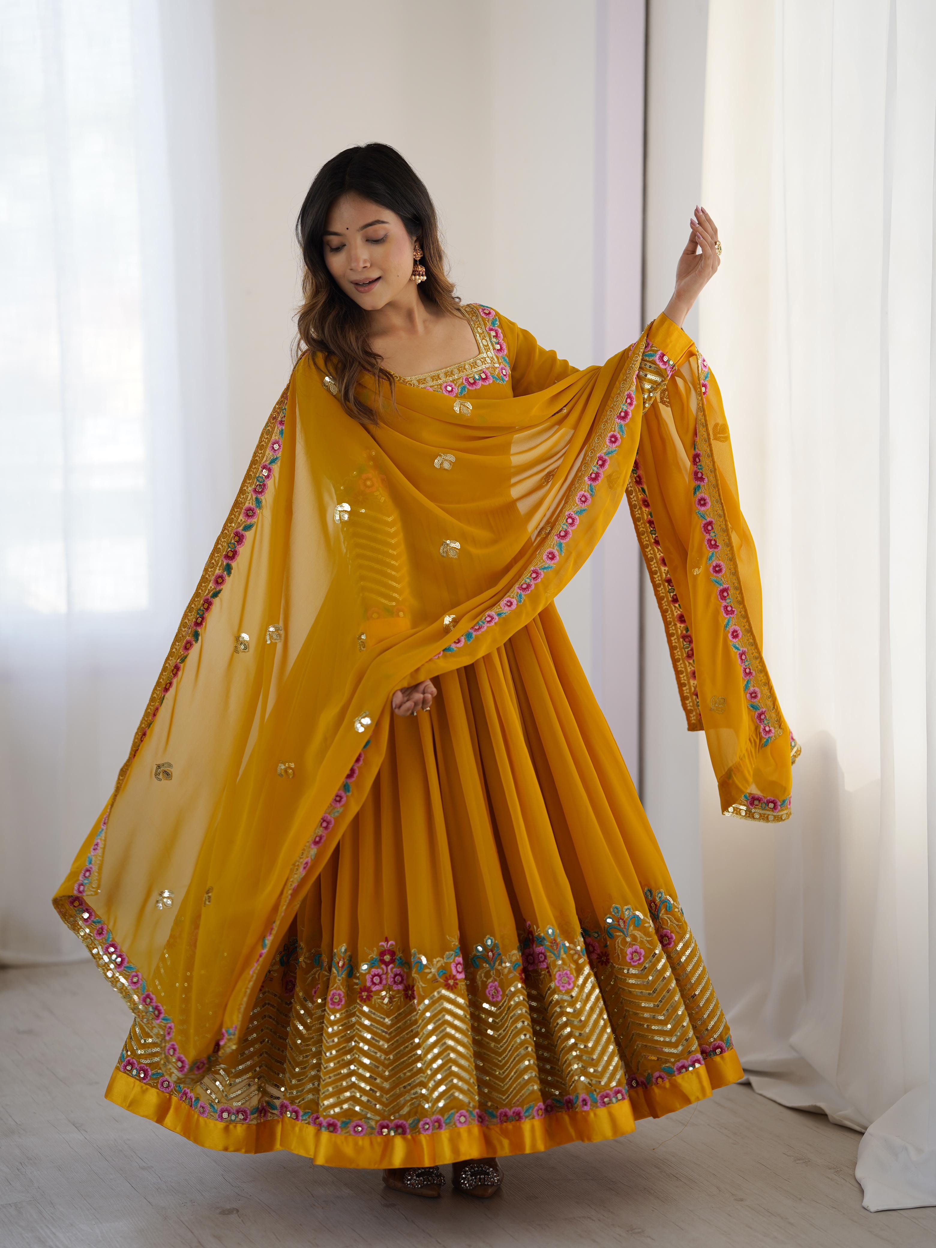 Mustard Bliss Yellow Georgette Designer Gown – Yaari Collection