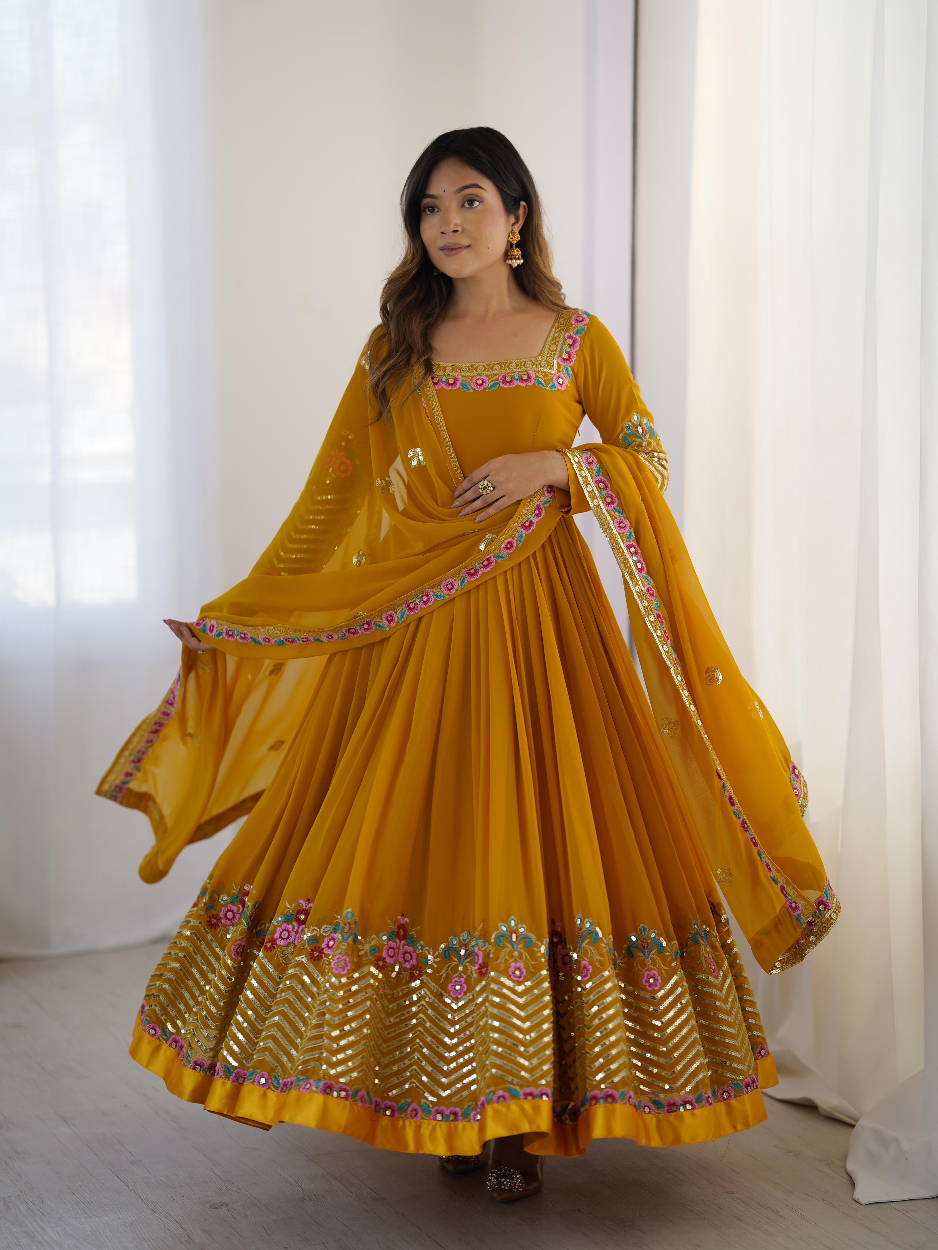 Mustard Bliss Yellow Georgette Designer Gown – Yaari Collection