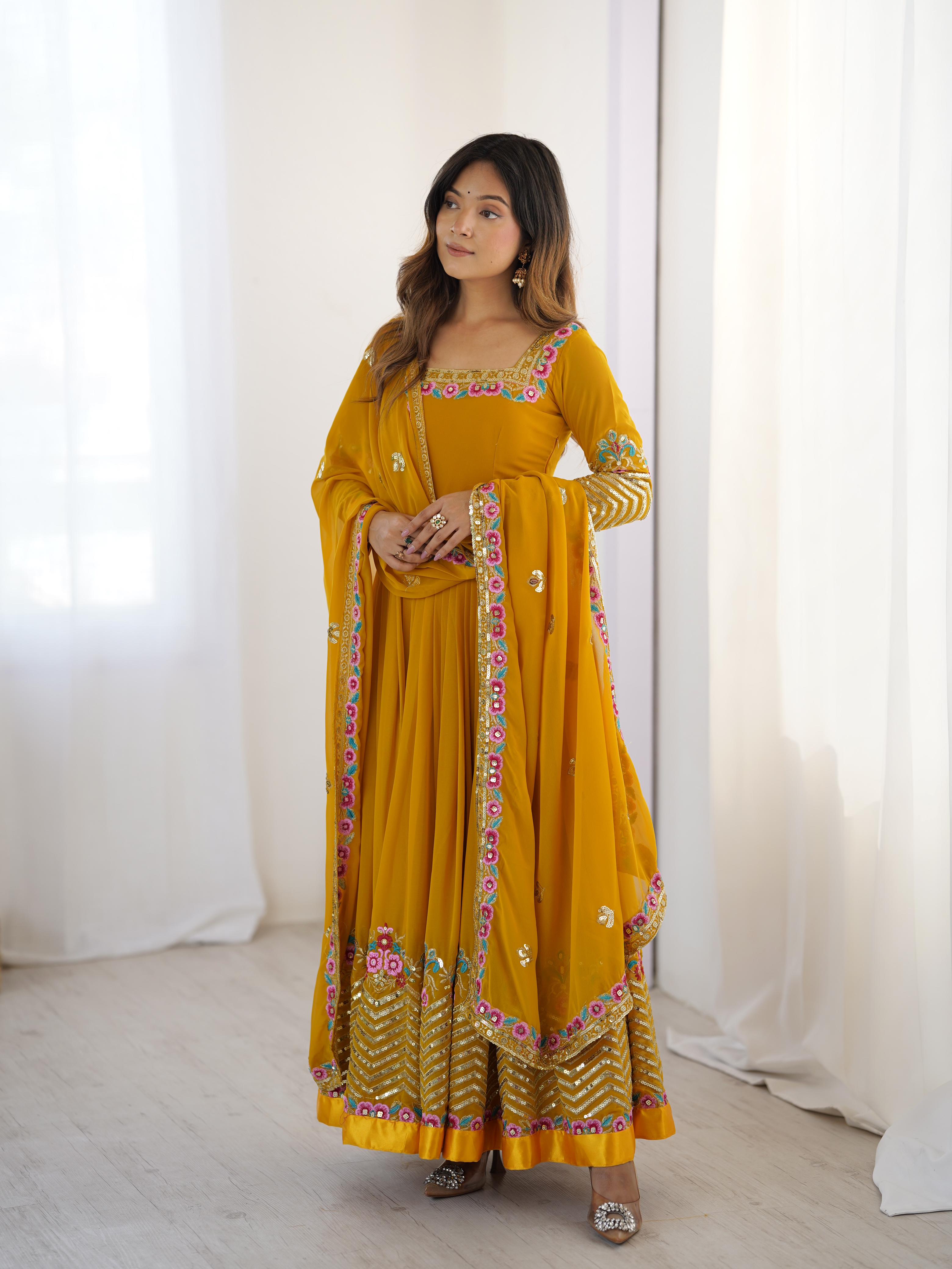 Mustard Bliss Yellow Georgette Designer Gown – Yaari Collection