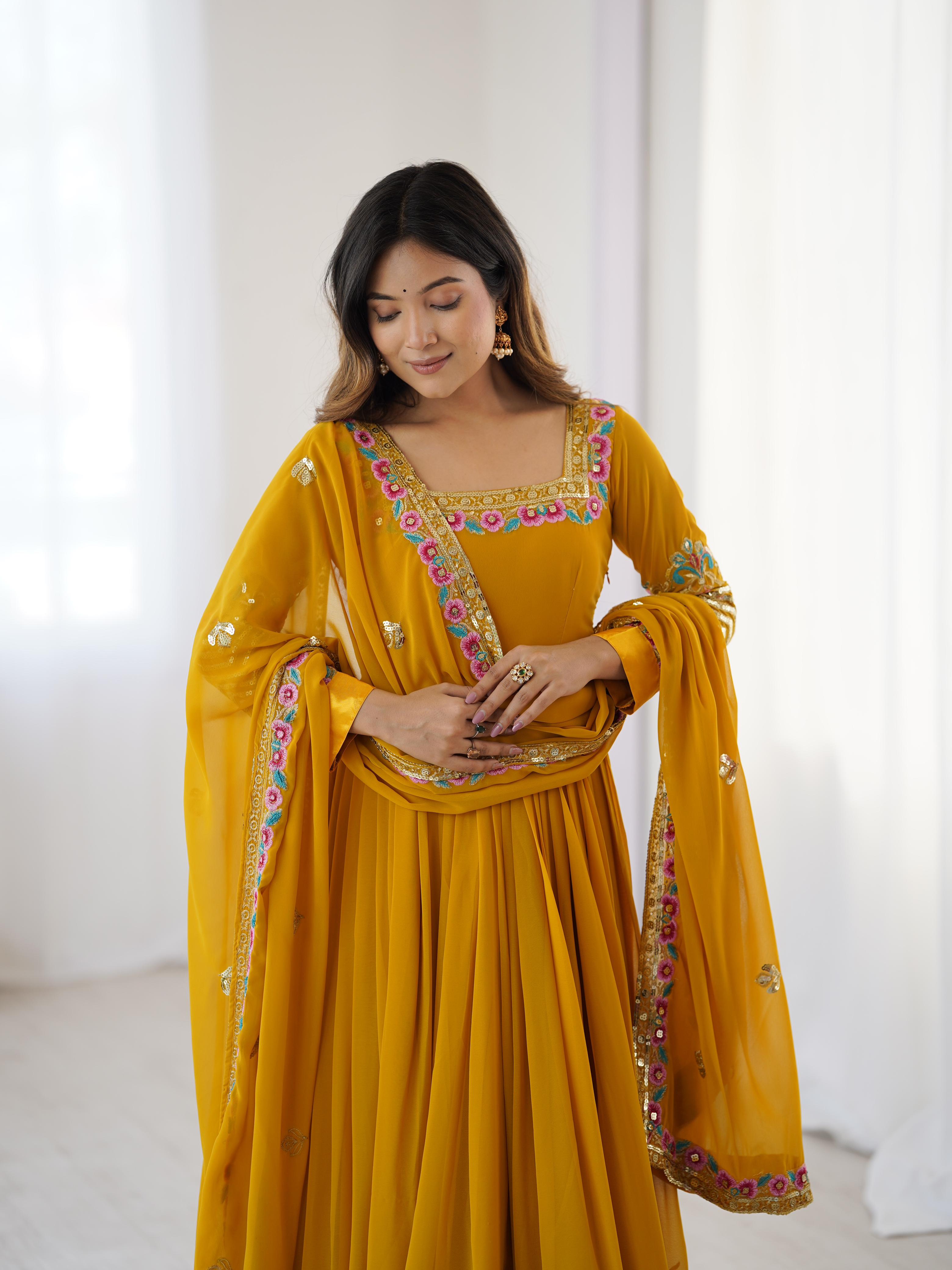 Mustard Bliss Yellow Georgette Designer Gown – Yaari Collection