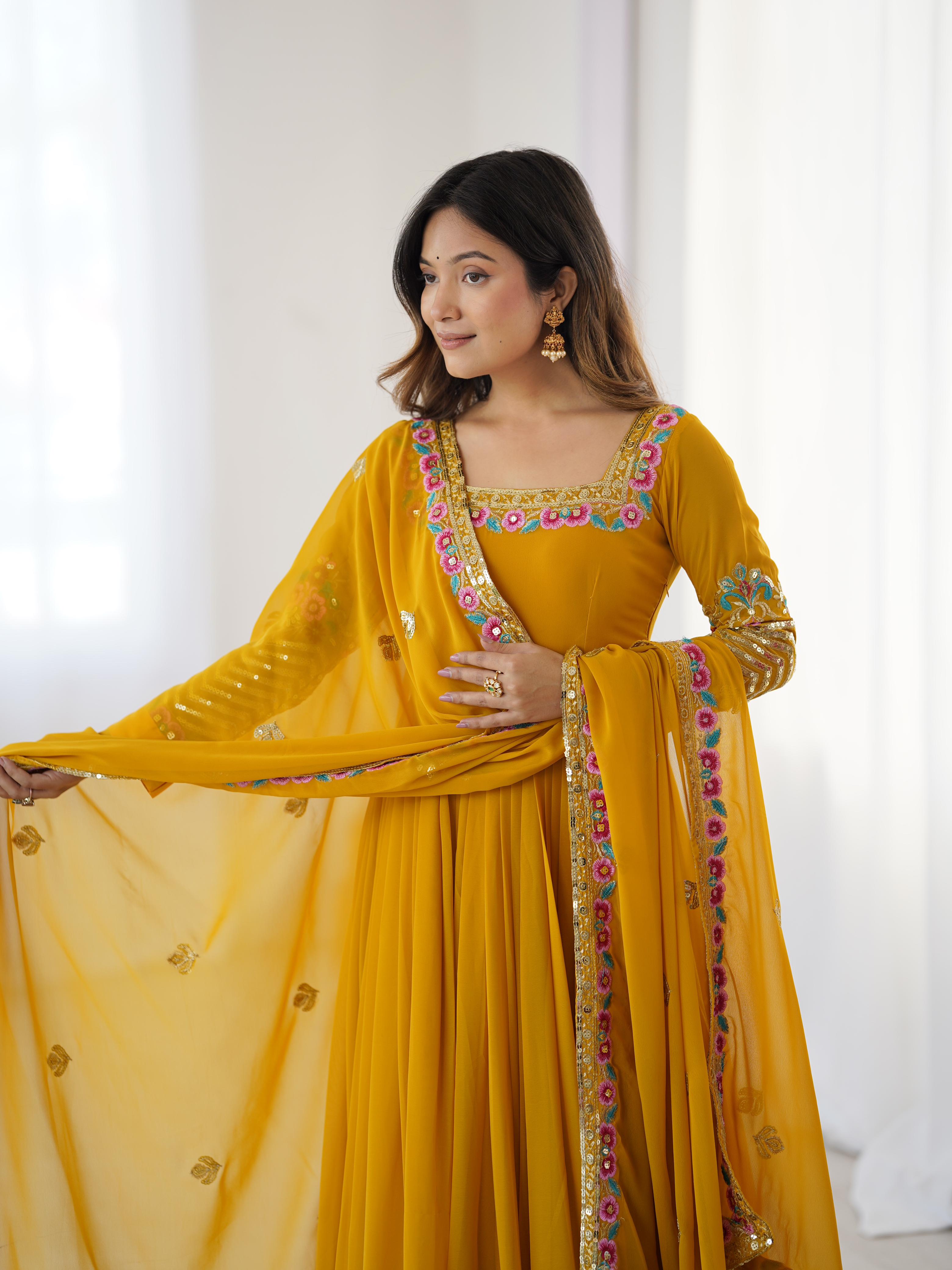 Mustard Bliss Yellow Georgette Designer Gown – Yaari Collection