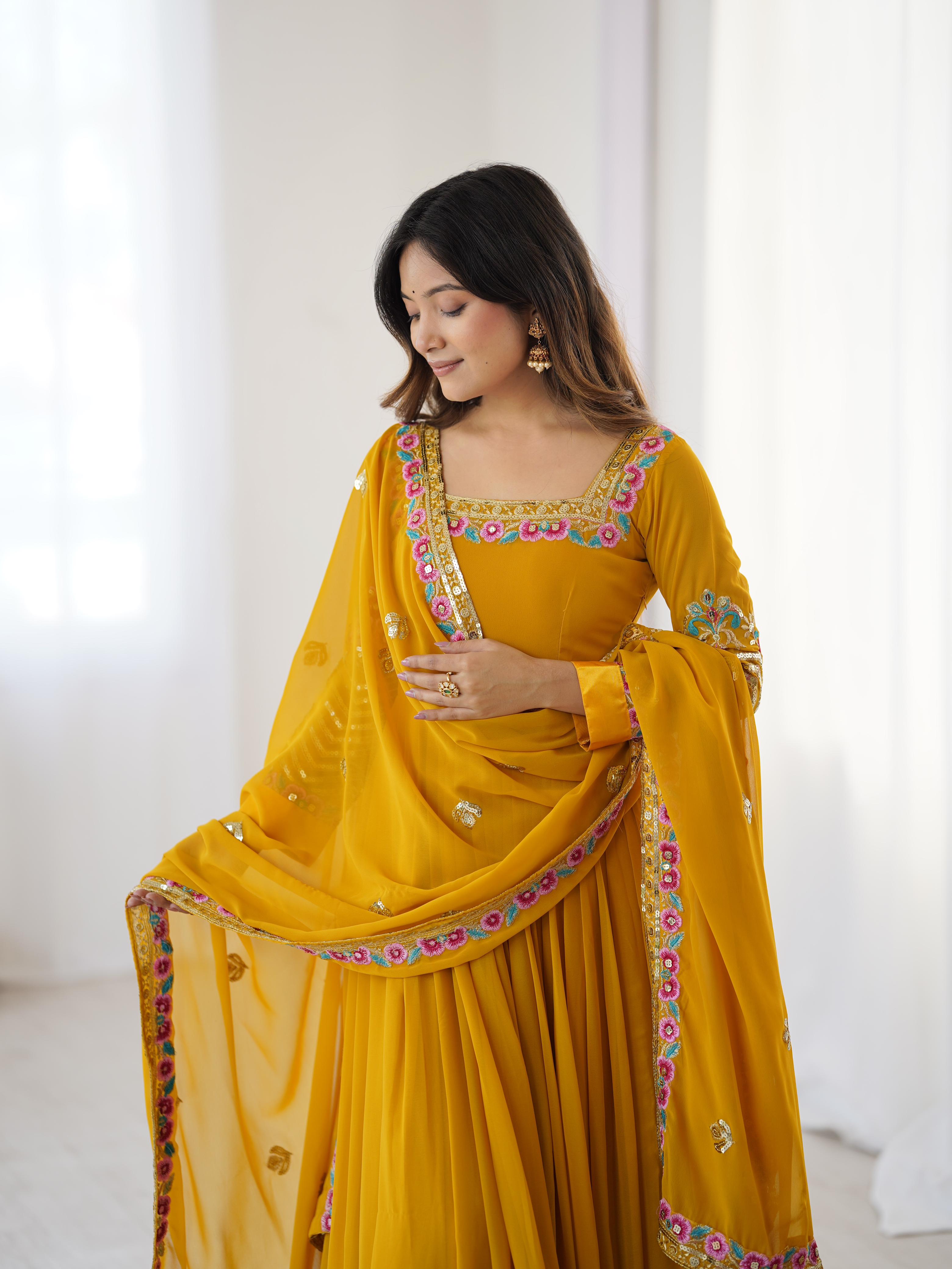 Mustard Bliss Yellow Georgette Designer Gown – Yaari Collection
