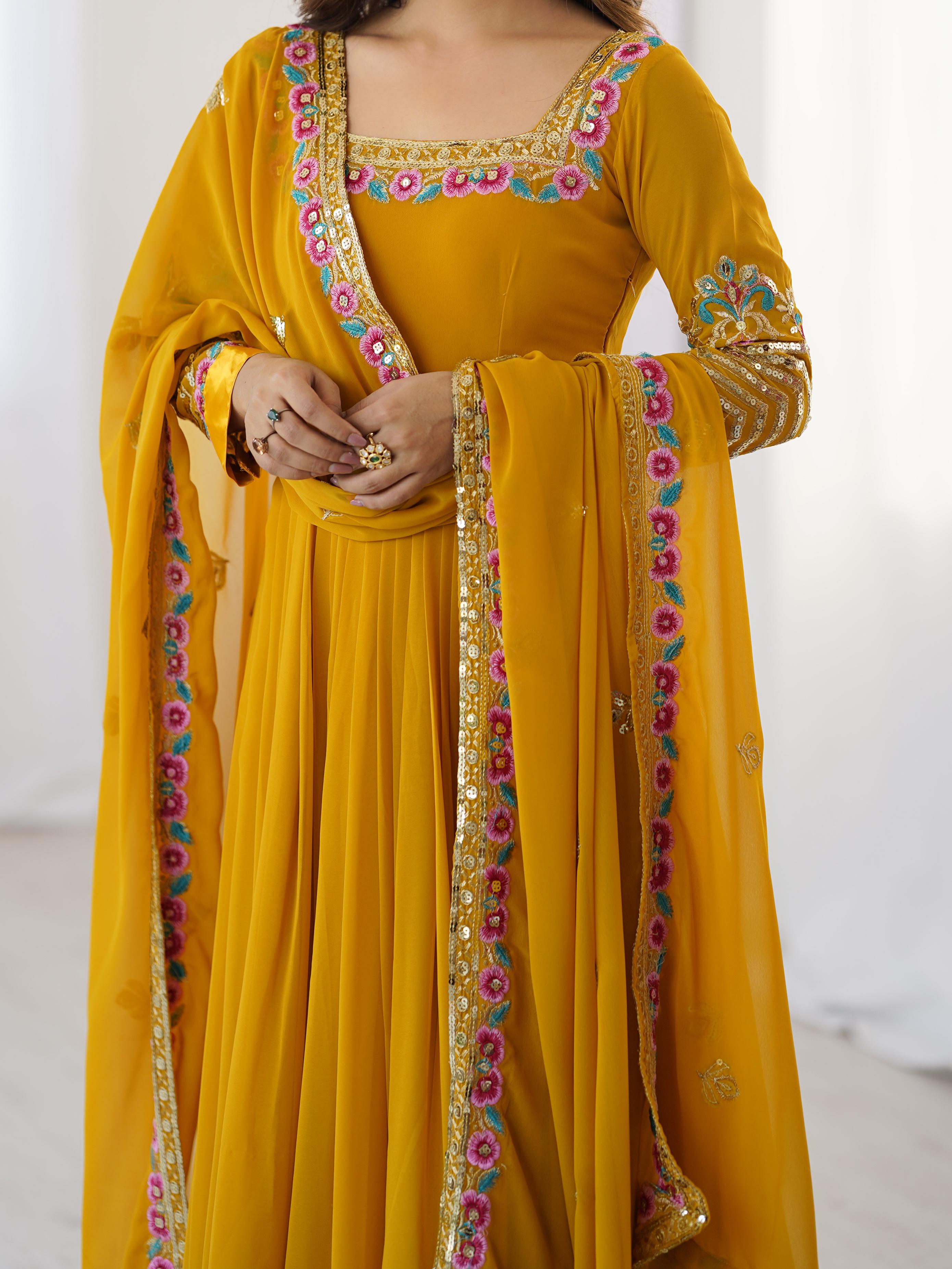 Mustard Bliss Yellow Georgette Designer Gown – Yaari Collection