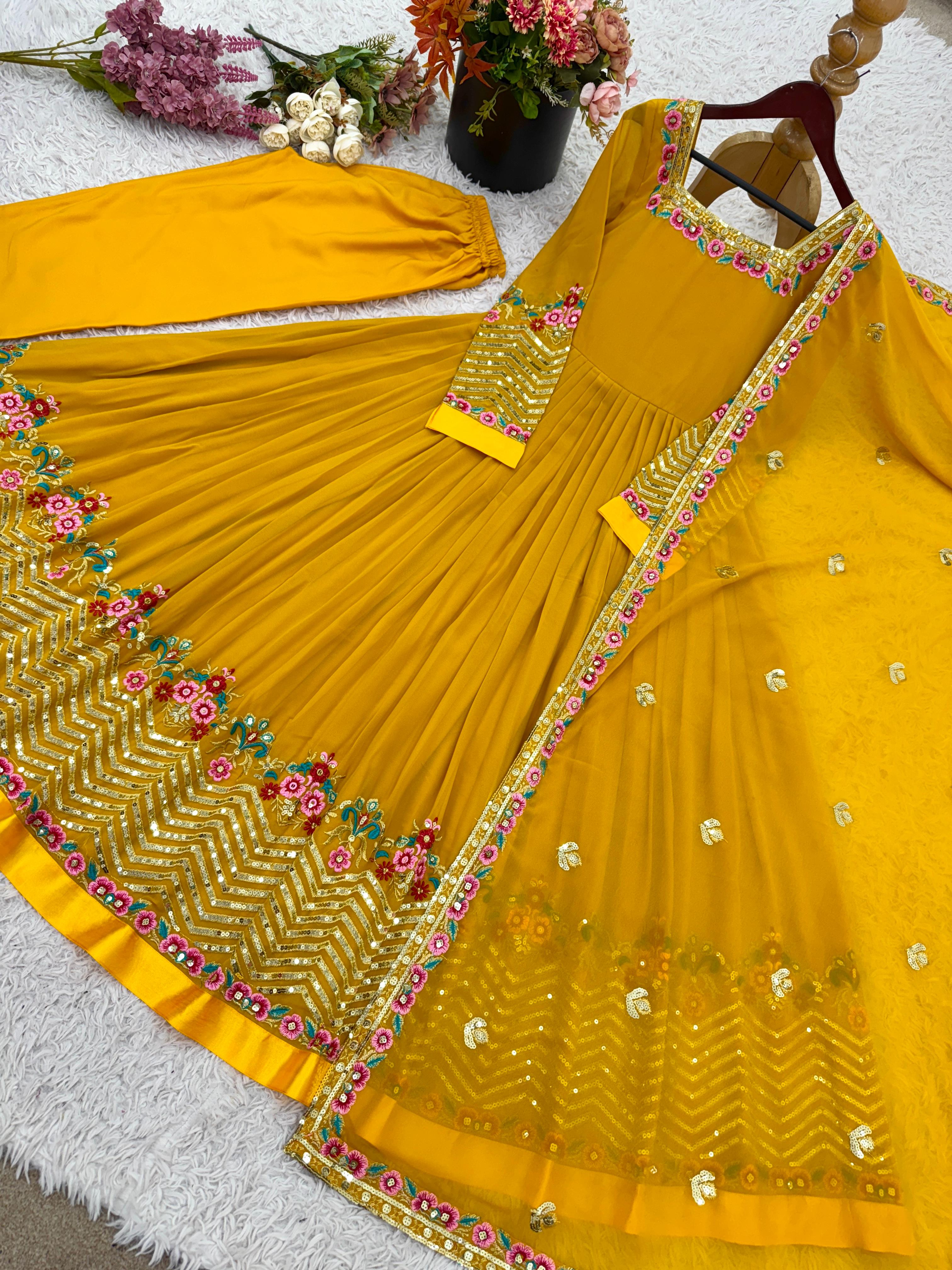 Mustard Bliss Yellow Georgette Designer Gown – Yaari Collection