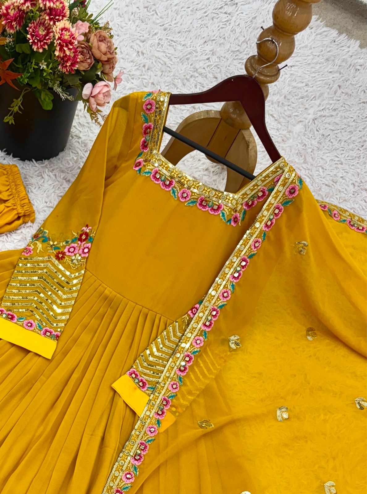 Mustard Bliss Yellow Georgette Designer Gown – Yaari Collection