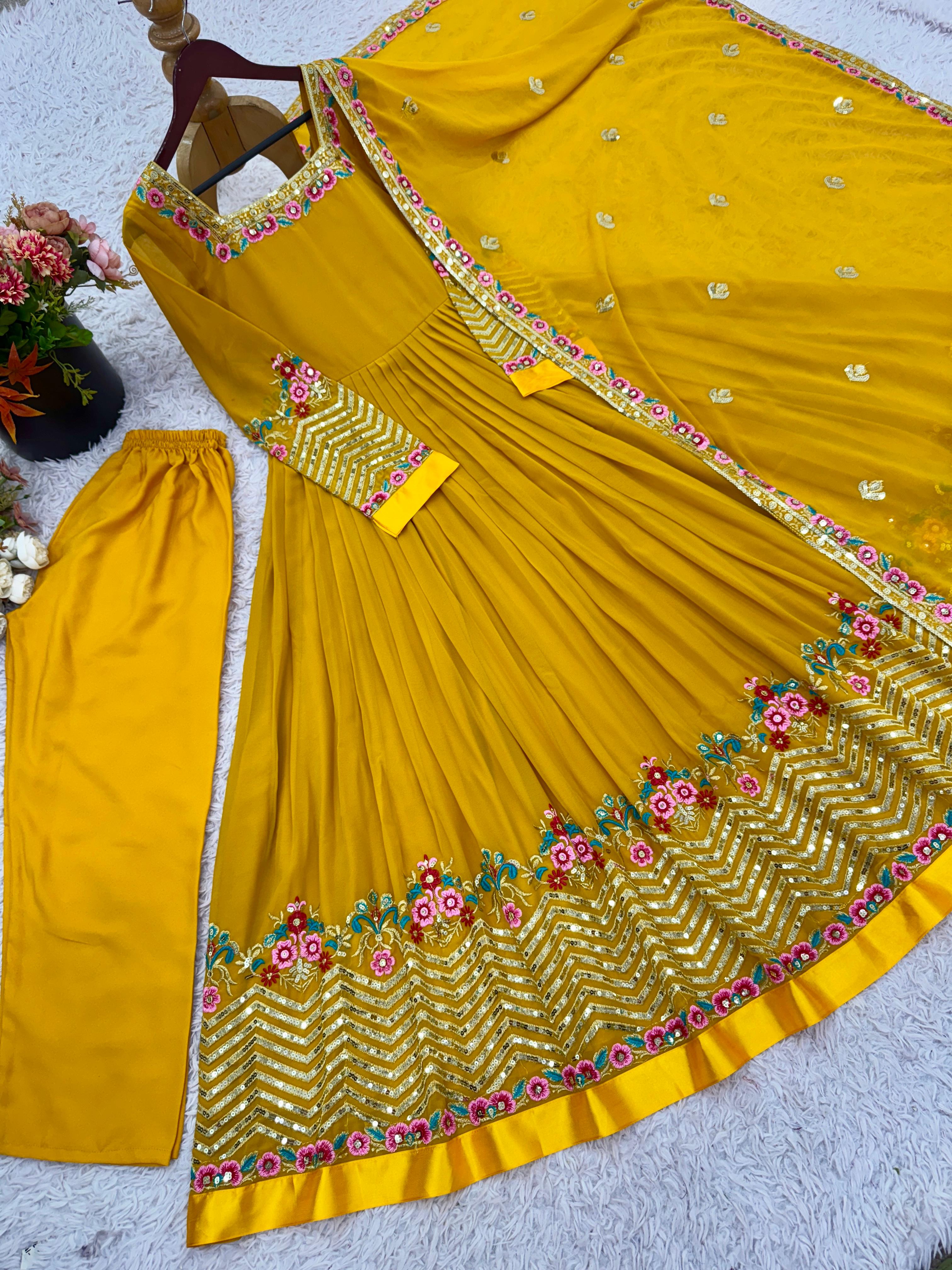Mustard Bliss Yellow Georgette Designer Gown – Yaari Collection